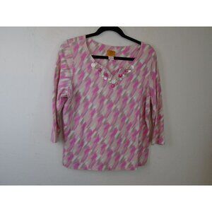 Ruby Rd XL Petite Beaded Split Neck V Neck 3/4 Slv Top Pink Watercolor Print